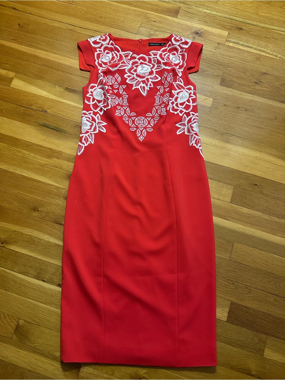 Karen Millen Red Midi Dress with White Floral Embroidery